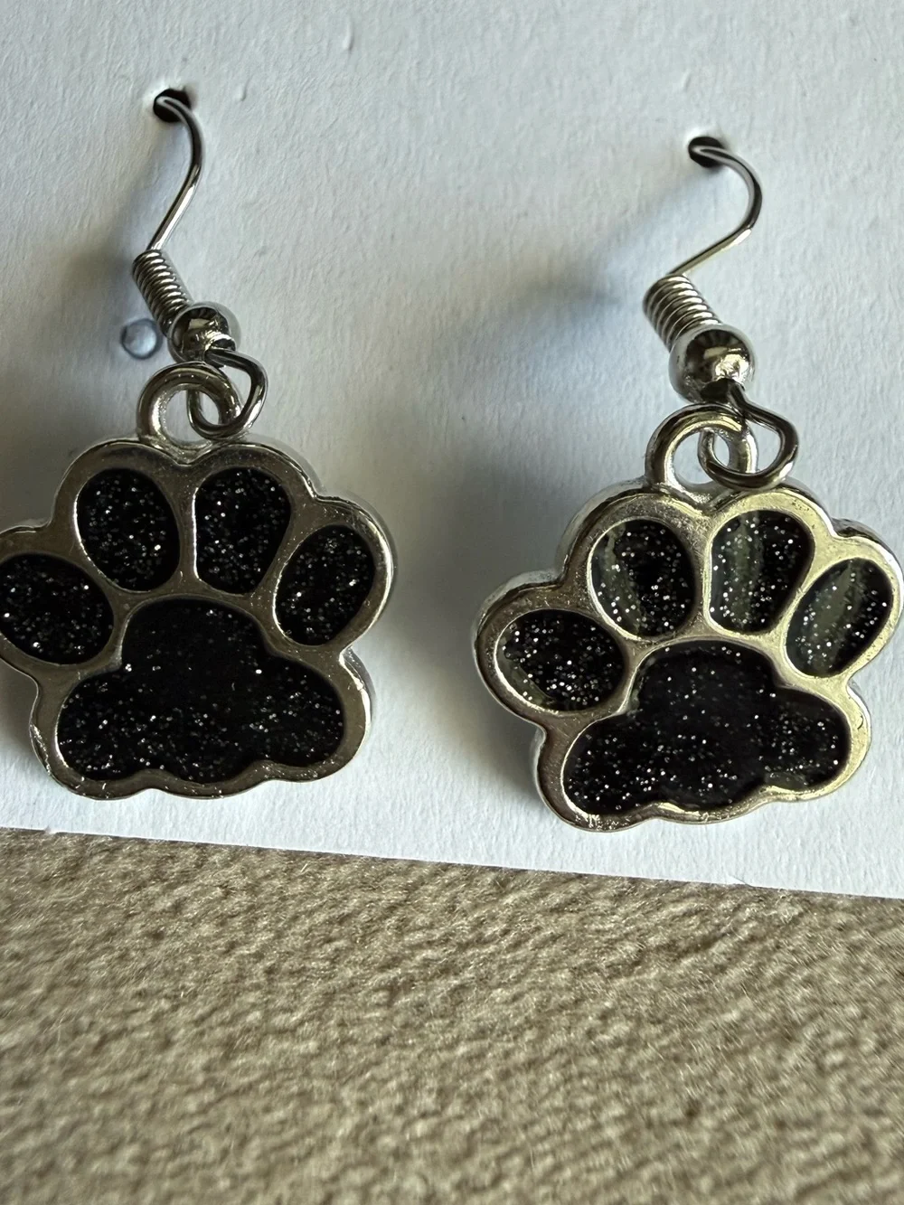 Paw Print Dangle Earrings - Black Glitter